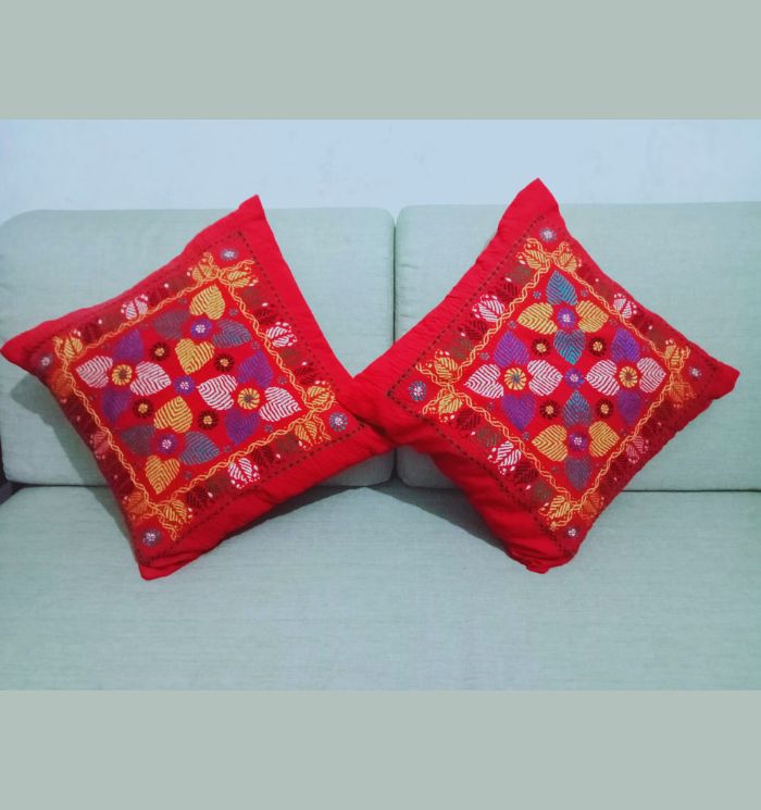 Red Cotton Nakshi Kantha Pillow Cover