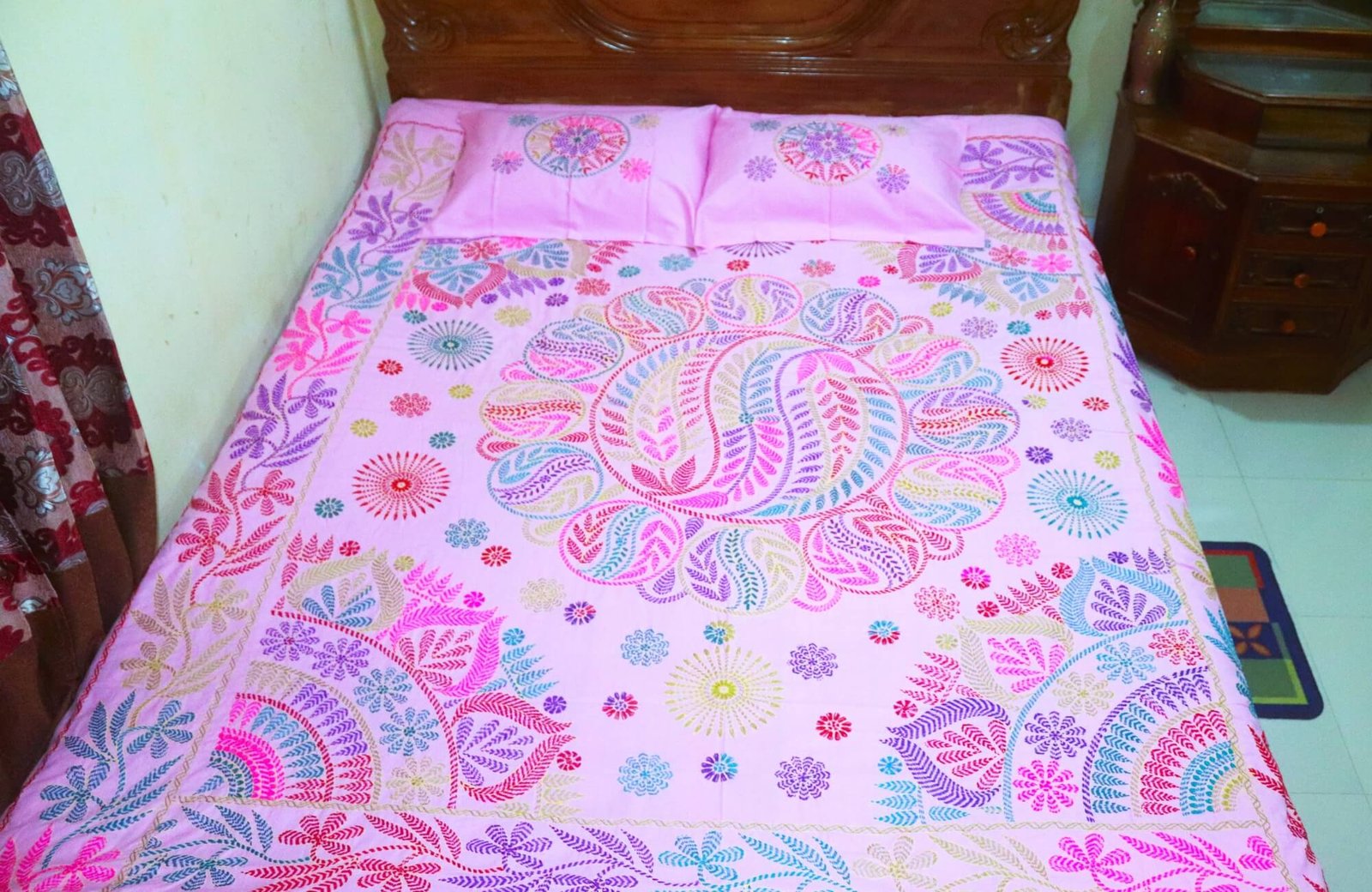 Elegant Pink Nakshi Kantha Bed Cover – Handcrafted Embroidery Art ...