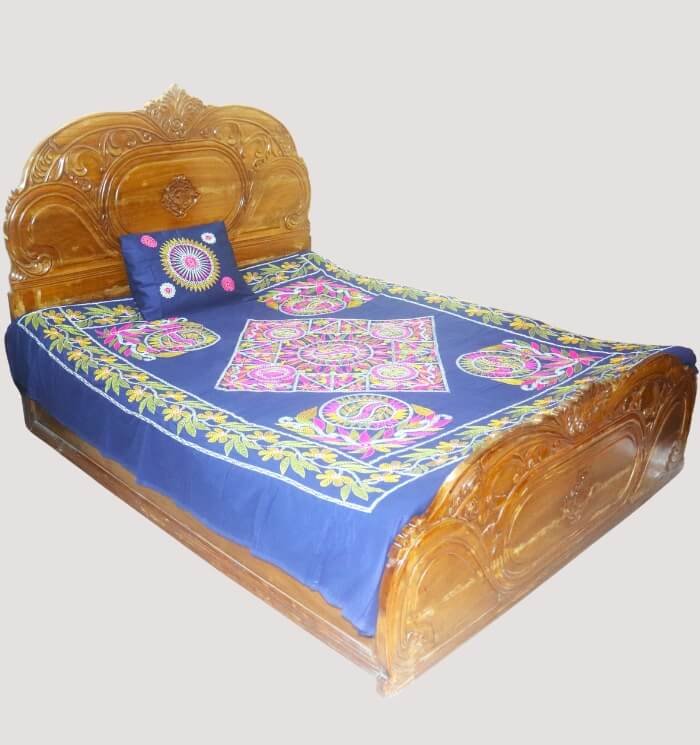 Traditional Bangladeshi Nakshi Kantha Luxury Bed Cover - Blue