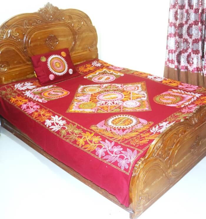 Maroon Nakshi Kantha Bed Cover | Handmade Bangladeshi Bedspread