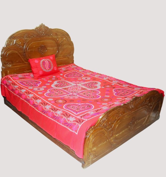 Vibrant Bangladeshi Traditional Nakshi Kantha Red Bed Cover