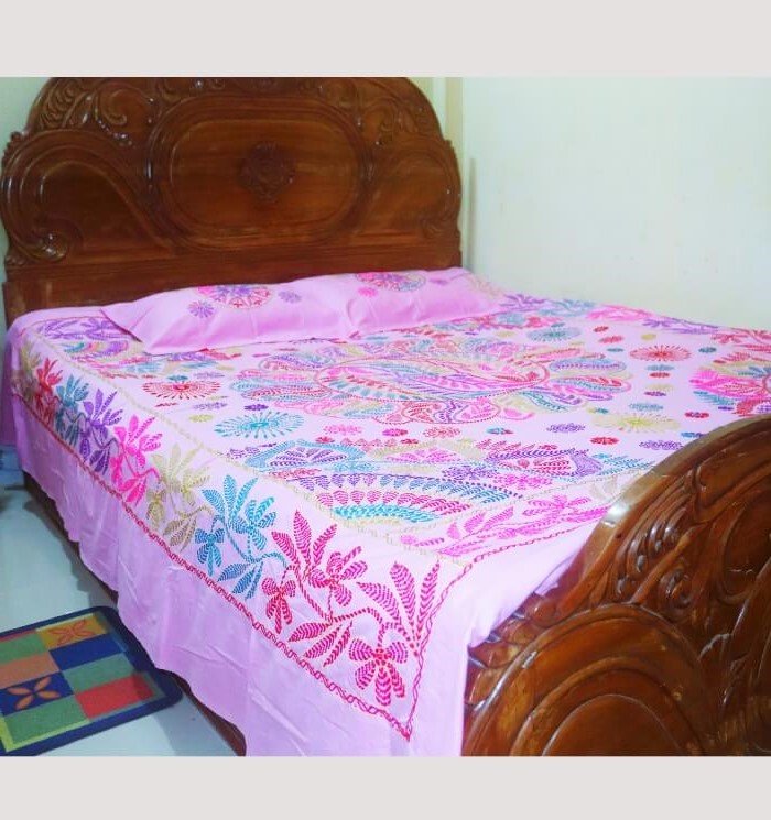 Elegant Pink Nakshi Kantha Quilt - Handcrafted Embroidery Art by Nakshi Bazar